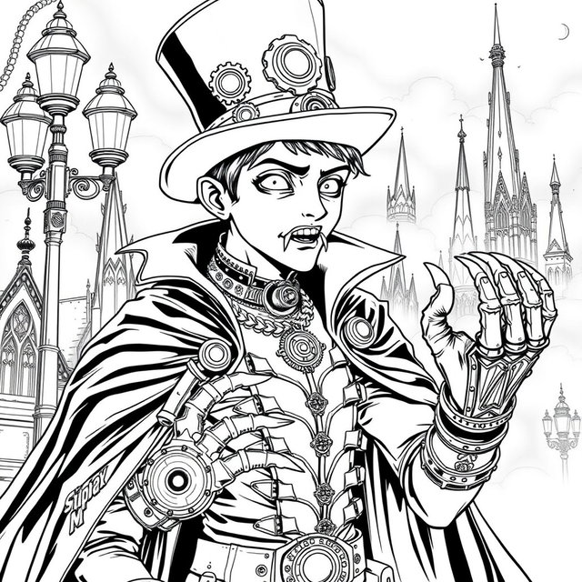 A black and white line art coloring page featuring a 20-year-old steampunk vampire boy