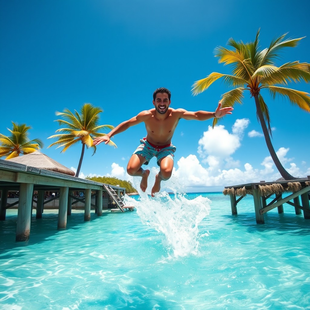 A man diving into the crystal-clear sea from a dock in the Caribbean