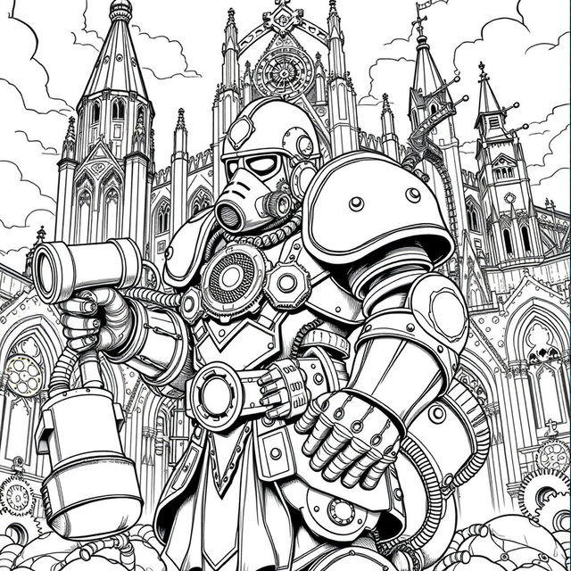 A detailed black and white coloring page featuring a powerful steampunk knight cyborg in bulky brass armor