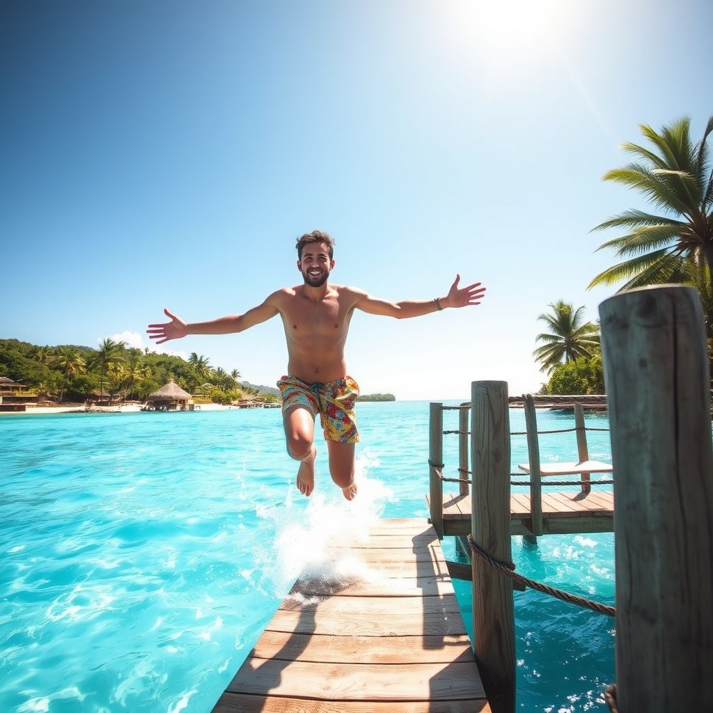 A man jumping into the sparkling blue sea from a dock in the Caribbean