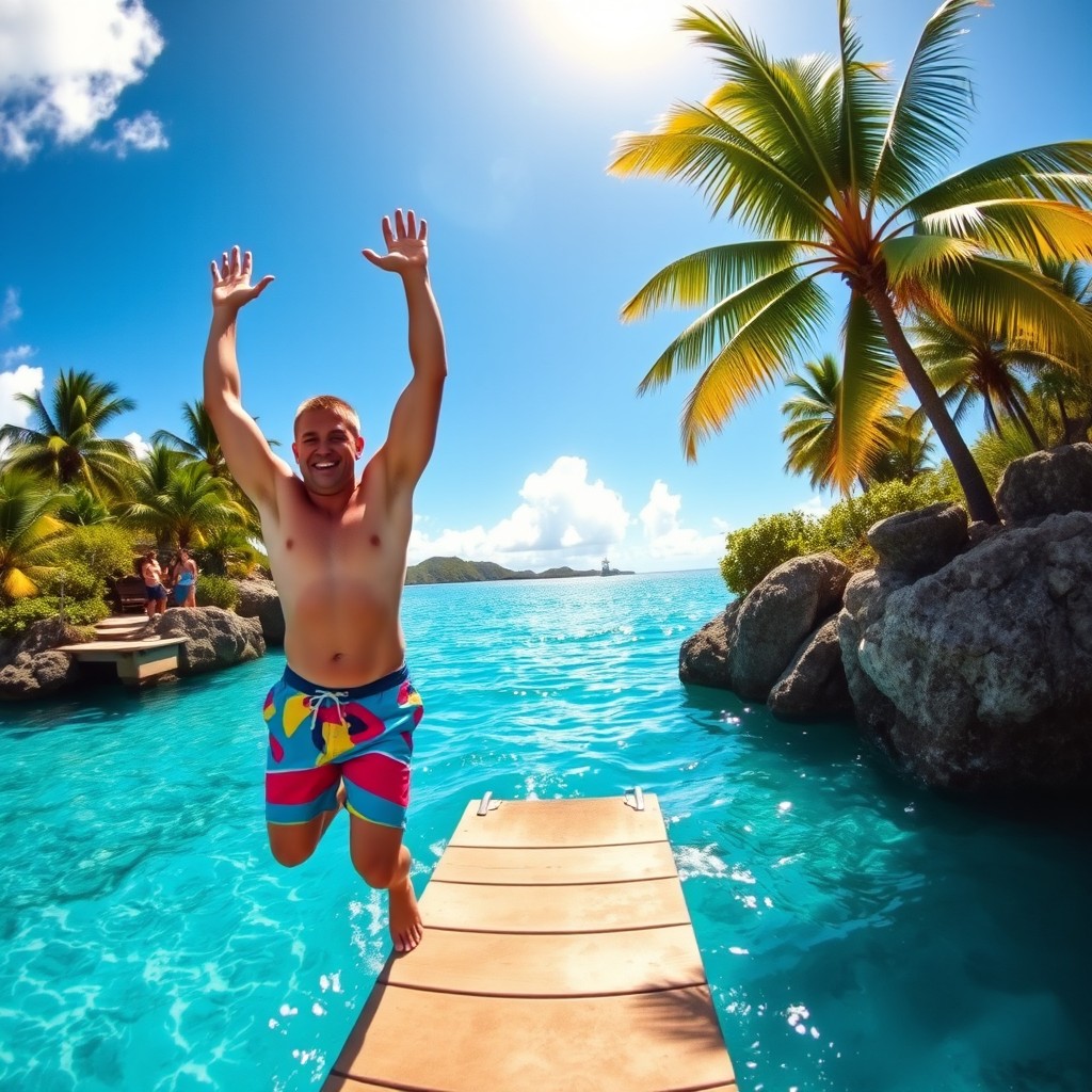 A man standing on a dock, preparing to jump into the sparkling blue sea in the Caribbean