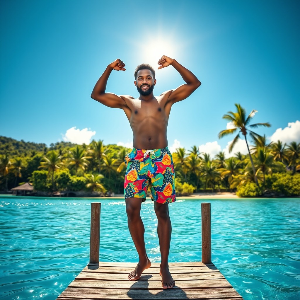 A Caribbean man standing proudly on a dock, moments before he jumps into the mesmerizing blue sea in the Antilles