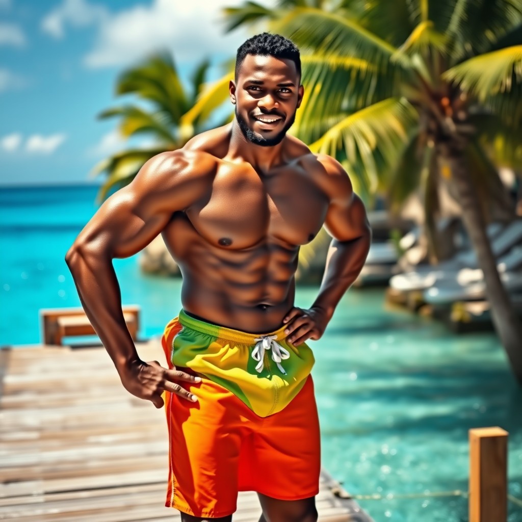 A Caribbean man standing confidently on a dock, preparing to dive into the inviting blue sea of the Antilles