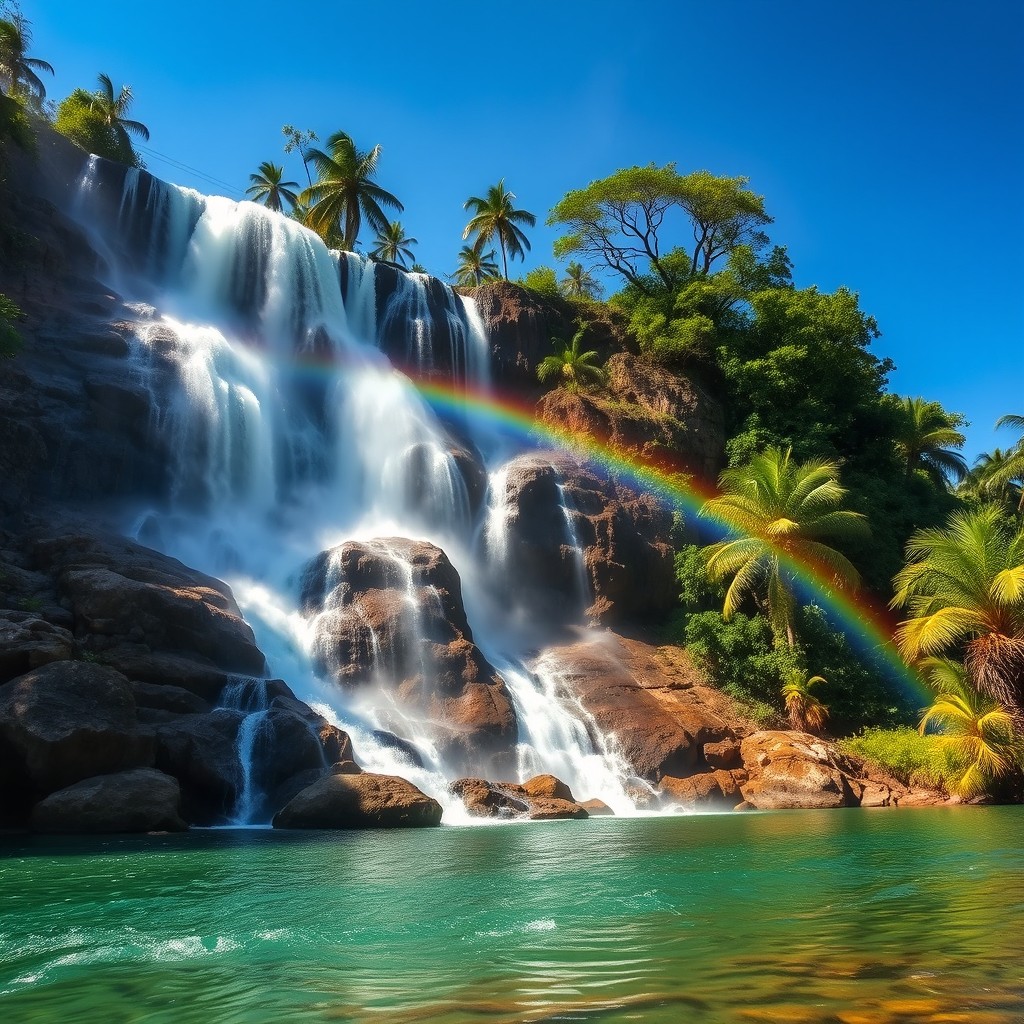 A breathtaking waterfall cascading down rocky cliffs into a serene river below