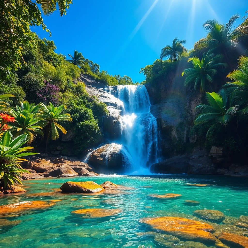 A stunning waterfall cascading down rocky cliffs into a crystal-clear river in the Antilles