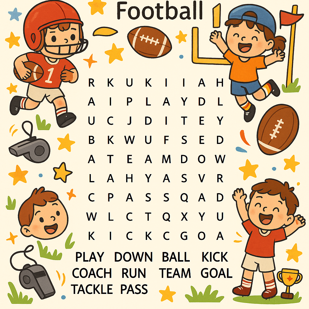 Create a football themed border for this image for a kids word search book. Keep the image exactly how it is