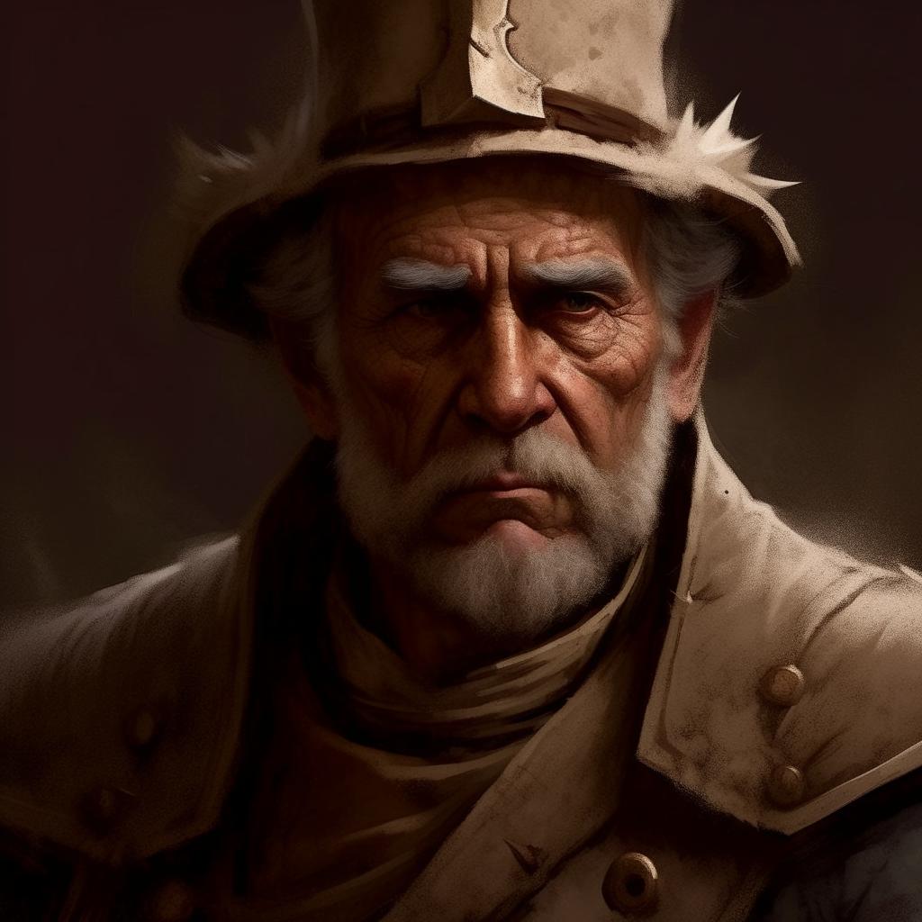 Reconfigure the digital painting of the grizzled fantasy General to emphasize individual brush strokes, maintaining the least count necessary to define his features, reminiscent of a textured classic oil painting.