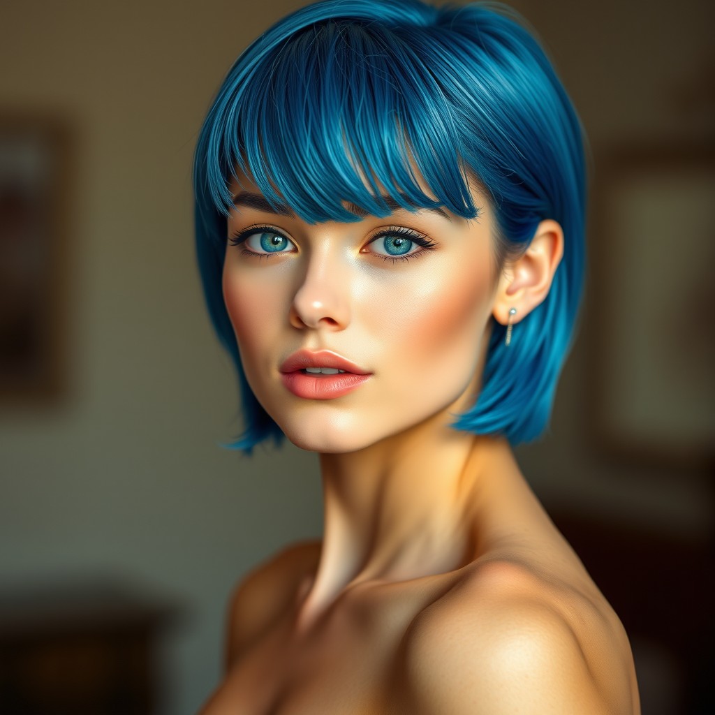 An ultra-realistic portrait of a stunning young woman with blue hair and striking green eyes