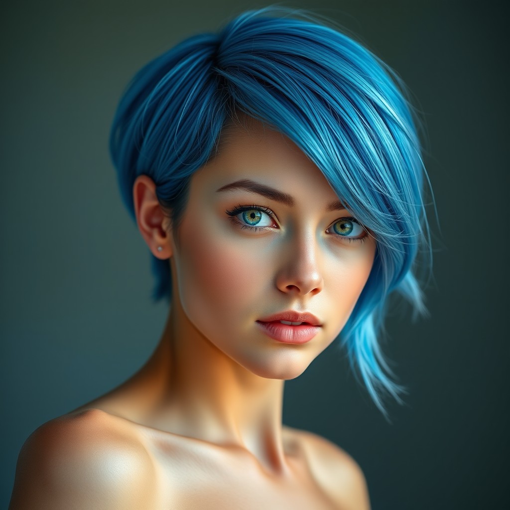 An ultra-realistic full-body portrait of a beautiful young woman with striking blue hair and captivating green eyes