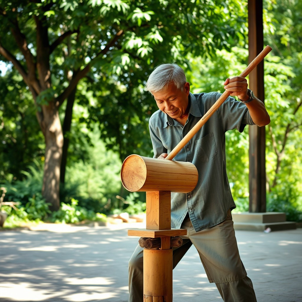 A man skillfully striking a piece of bamboo with two wooden sticks, demonstrating traditional craftsmanship
