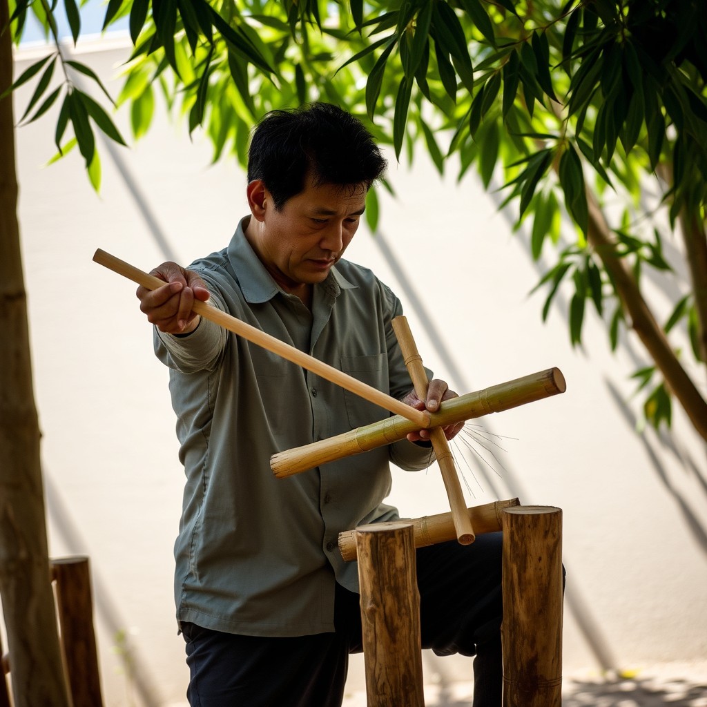 A man actively striking a piece of bamboo, supported by sturdy wooden pillars, using two small sticks