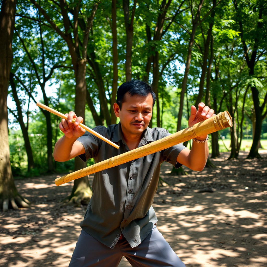A man energetically striking a piece of bamboo with two small sticks, showcasing his technique and rhythm
