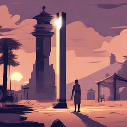 Generate an image of a troubled village and Ramu standing confidently with the ancient, glowing pillar, symbolizing a solution found in the midst of a crisis.