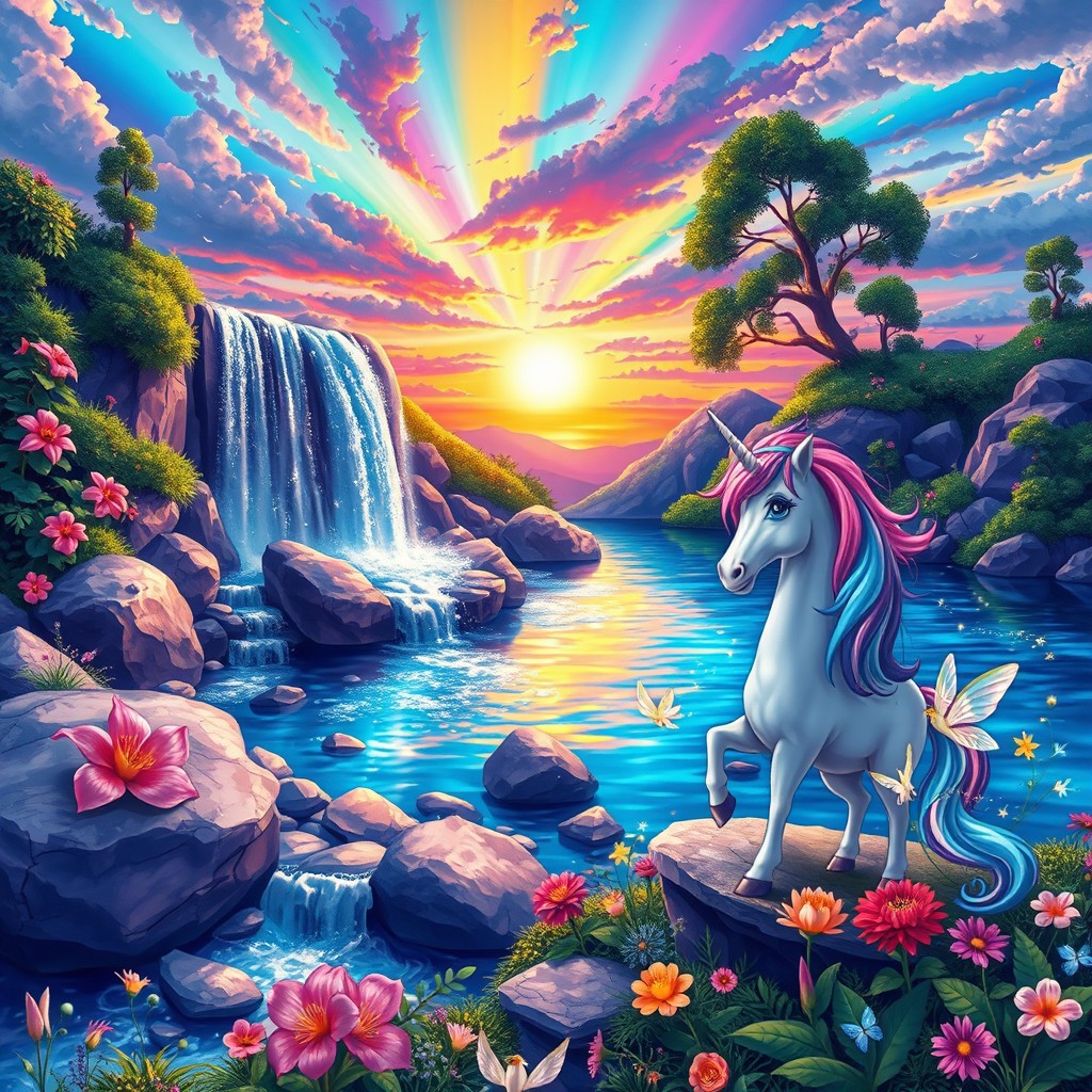 A vibrant and colorful illustration of a fantasy landscape, featuring a whimsical waterfall cascading over sparkling rocks, surrounded by lush greenery and exotic flowers