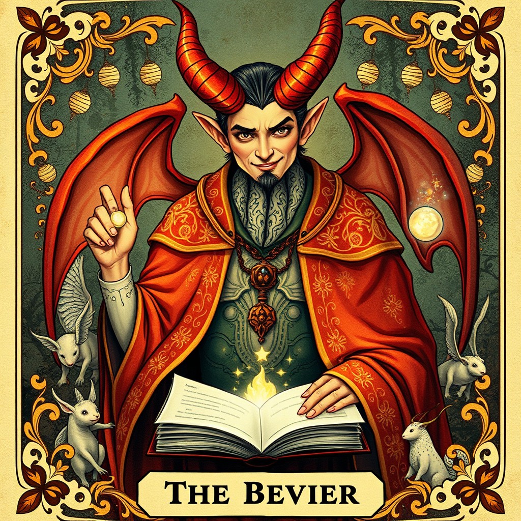 An artistic representation of 'The Devil' Tarot card, inspired by the enchanter from the Polish fairy tale 'The Enchanted Book'