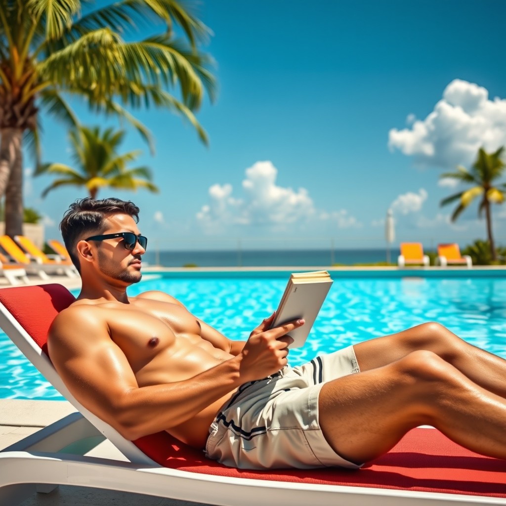 A serene and relaxing scene depicting a man lounging by a sparkling swimming pool, comfortably tanning under the warm sun