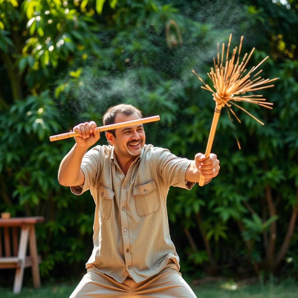A man energetically striking a bamboo branch with two sticks, showcasing his rhythm and enthusiasm