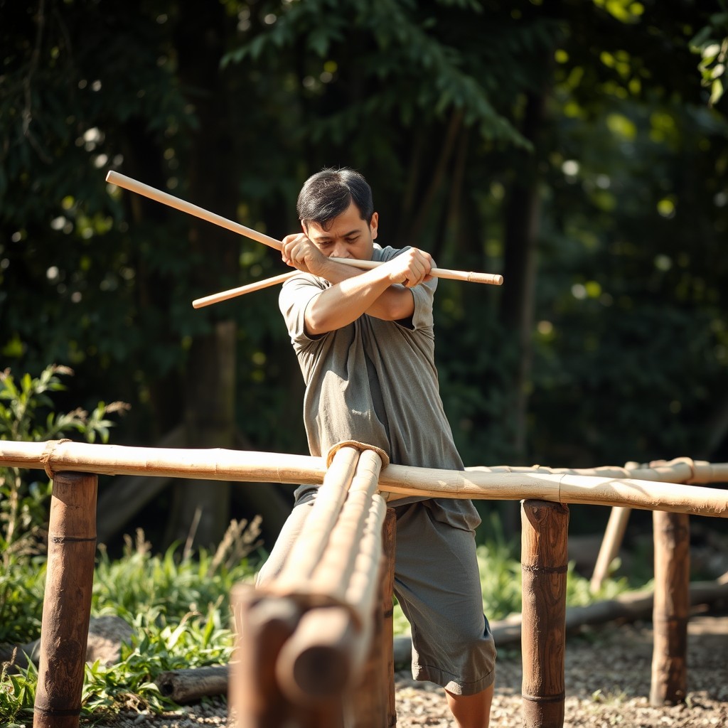 A man striking with two sticks on a long bamboo branch that is stretched out on wooden pillars