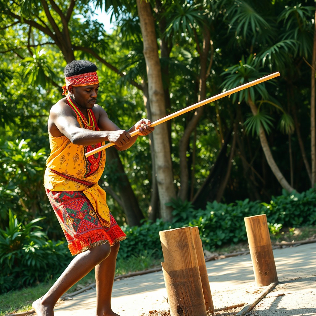 A Caribbean man striking a long bamboo branch, which is laid out on wooden pillars, using two sticks
