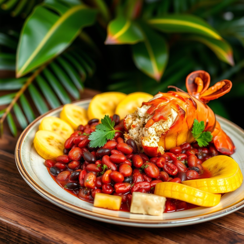 A beautifully arranged plate of Creole cuisine featuring vibrant red beans, ripe yellow bananas, and tender lobster