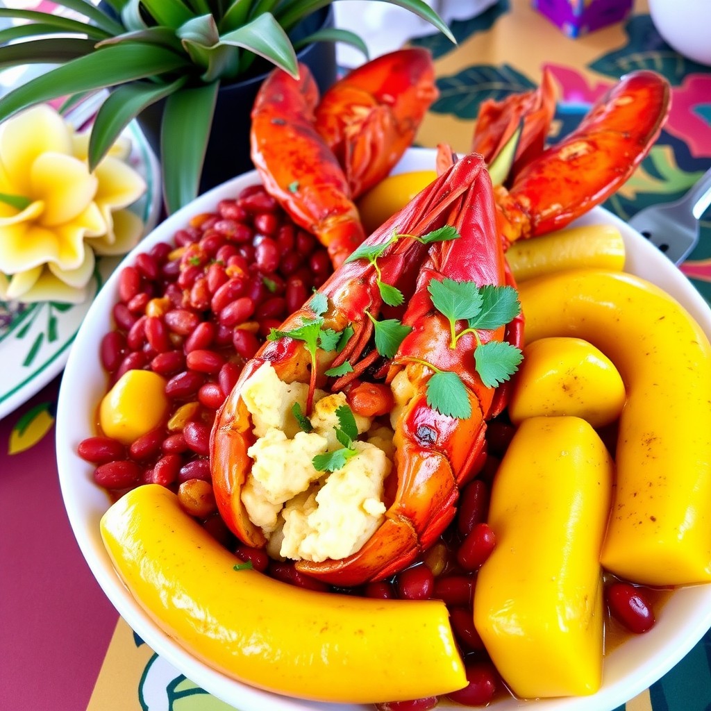 A beautifully presented Creole dish featuring a vibrant arrangement of red beans, ripe yellow bananas, and succulent lobster