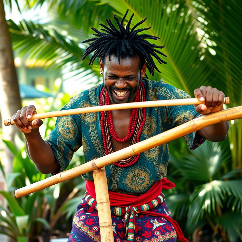 An Antillean man energetically striking a long bamboo branch with two sticks, showcasing a traditional performance
