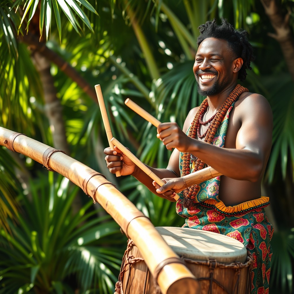 A Caribbean man rhythmically drumming with two wooden sticks on a large, elongated bamboo branch
