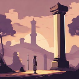 Generate an image of a troubled village and Ramu standing confidently with the ancient, glowing pillar, symbolizing a solution found in the midst of a crisis.