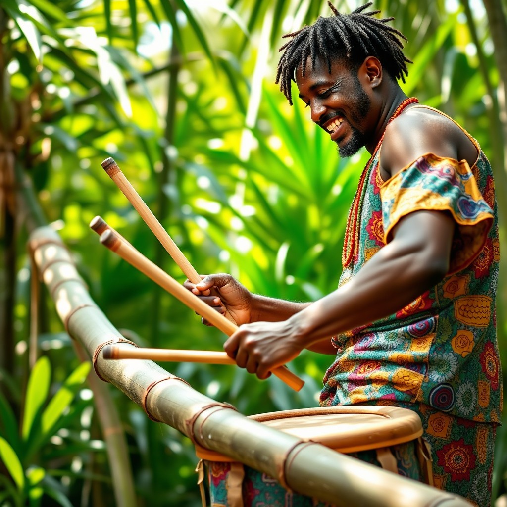 A Caribbean man energetically drumming with two wooden sticks on a large, elongated bamboo branch