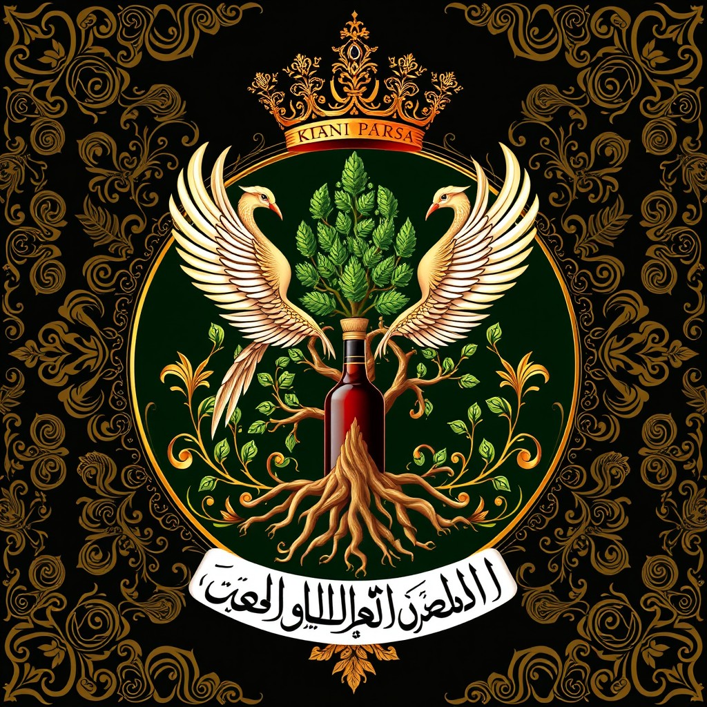A stunningly detailed Persian family crest named "Kiani Parsa", showcasing a Sassanian-style crown embellished with intricate designs