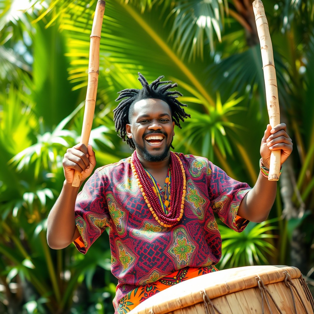 A Caribbean man energetically striking a large, elongated bamboo branch with two wooden sticks