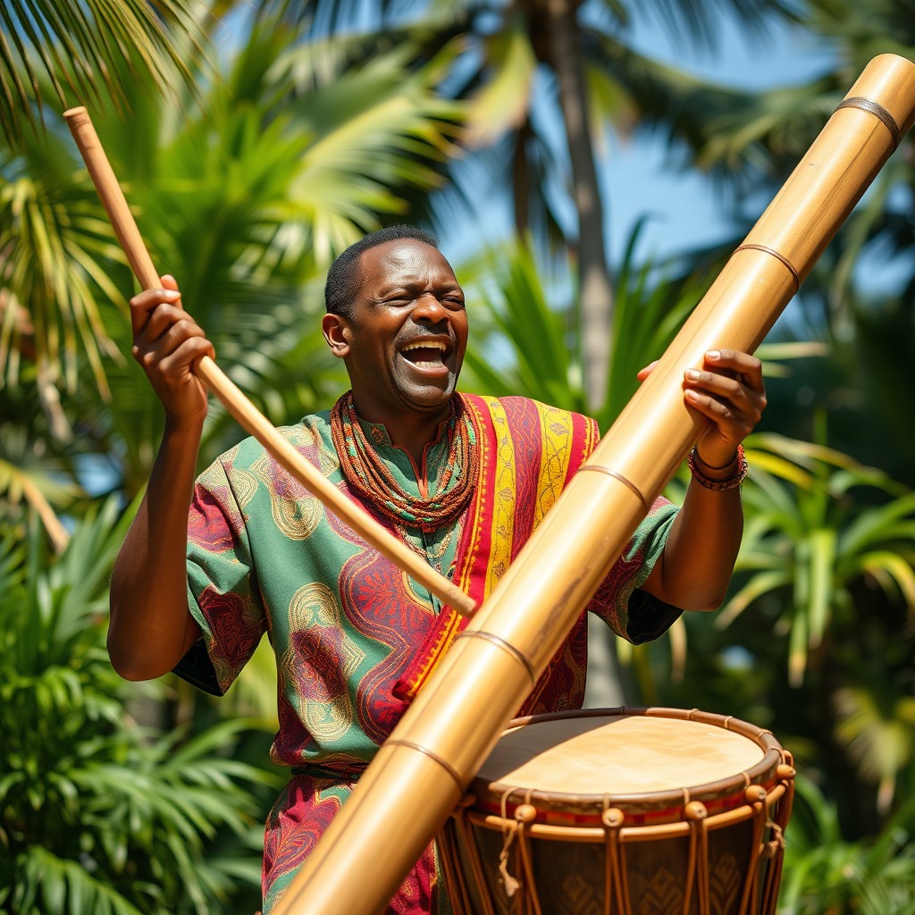 A Caribbean man enthusiastically drumming with two wooden sticks on a large, elongated bamboo branch