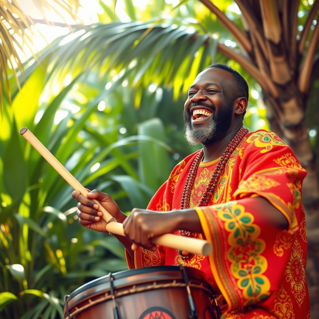 A Caribbean man joyfully drumming on a large, elongated bamboo branch using two wooden sticks