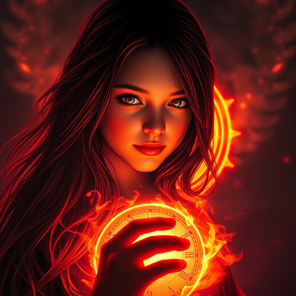 A book cover style featuring the silhouette of a 16-year-old young woman with long hair, displaying dark magic with vibrant orange and red tones
