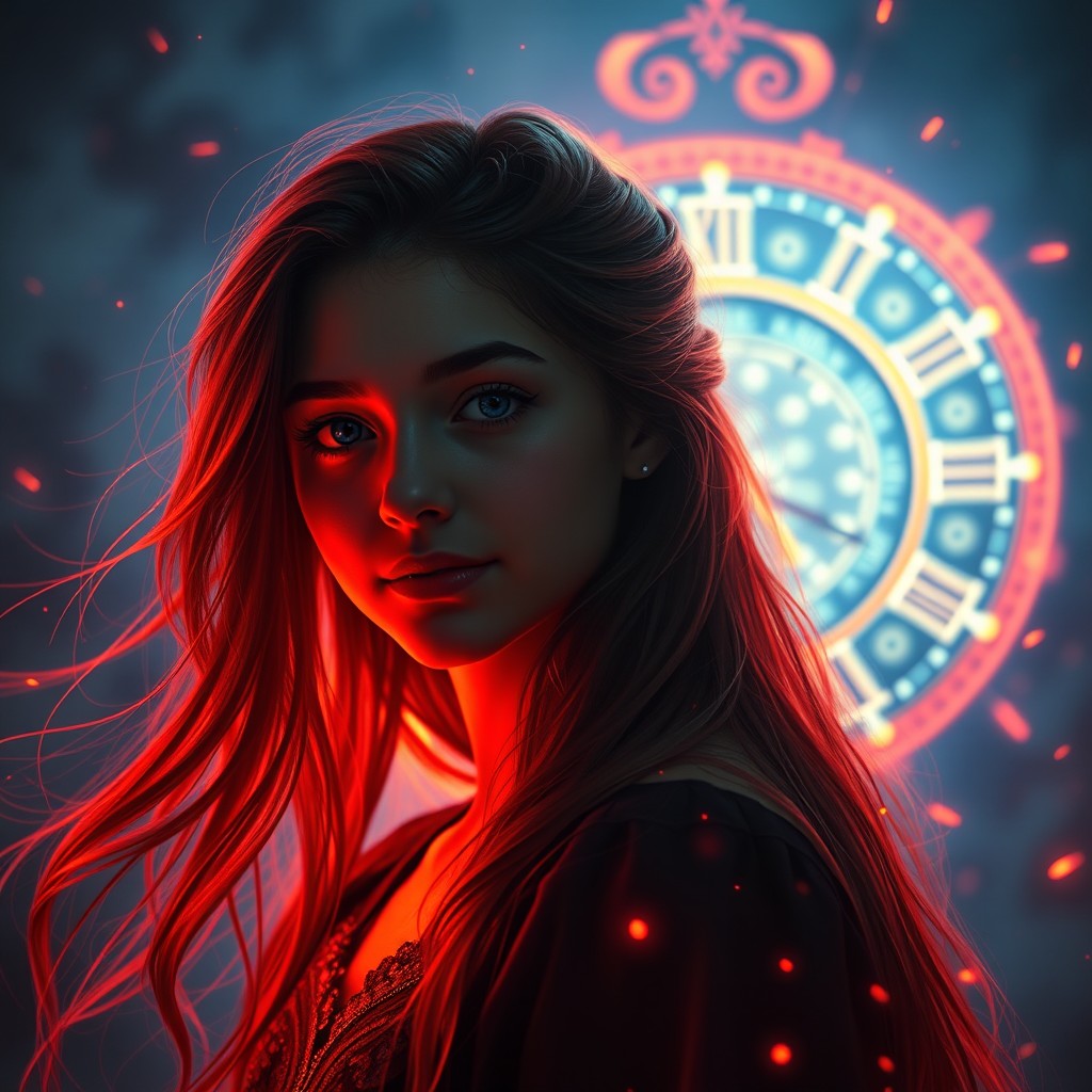 A captivating book cover style featuring the silhouette of a 16-year-old young woman with long hair, adorned with dark magic in vibrant shades of orange and red