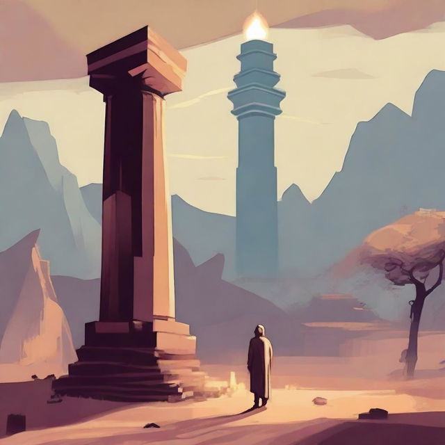 Generate an image of a troubled village and Ramu standing confidently with the ancient, glowing pillar, symbolizing a solution found in the midst of a crisis.