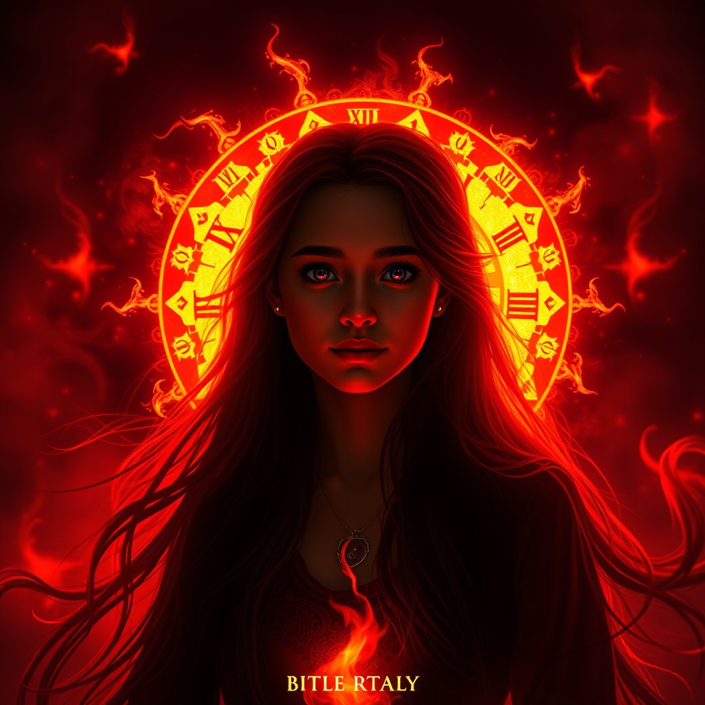 A book cover style featuring the silhouette of a 16-year-old young woman with long hair, adorned with dark magic in vibrant orange and red