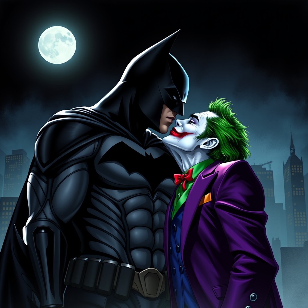 Batman and Joker share a passionate kiss, set in a dark, atmospheric Gotham City backdrop