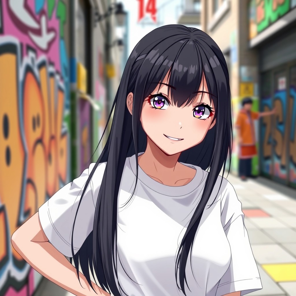 A dynamic anime girl with sleek black hair, wearing a classic white t-shirt, exuding youthful energy and charm