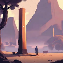 Generate an image of a troubled village and Ramu standing confidently with the ancient, glowing pillar, symbolizing a solution found in the midst of a crisis.