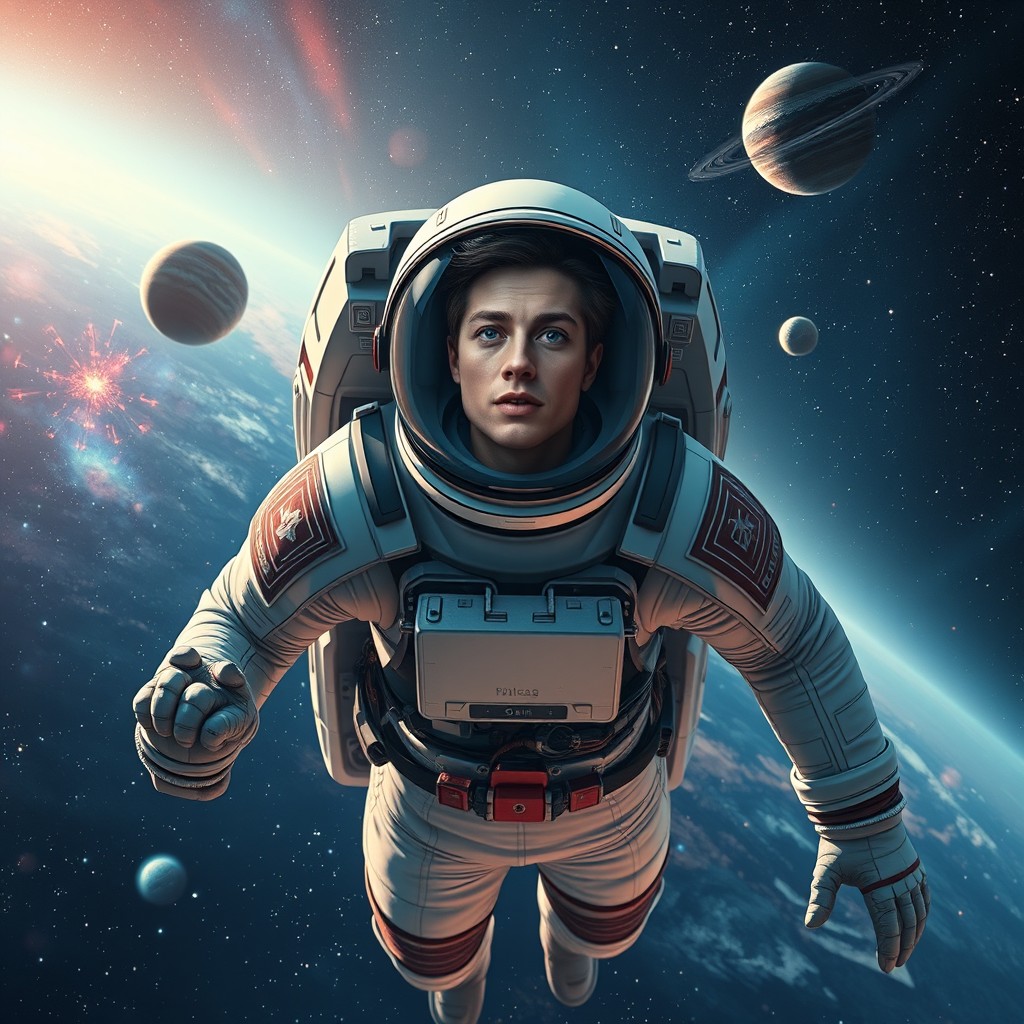 A scene depicting a person in a space suit floating in the vastness of space