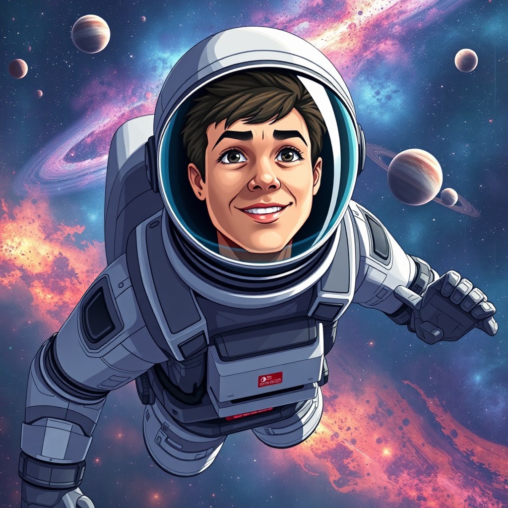 An illustration of a person resembling the requestor, wearing a detailed futuristic space suit, floating in the magnificent expanse of space