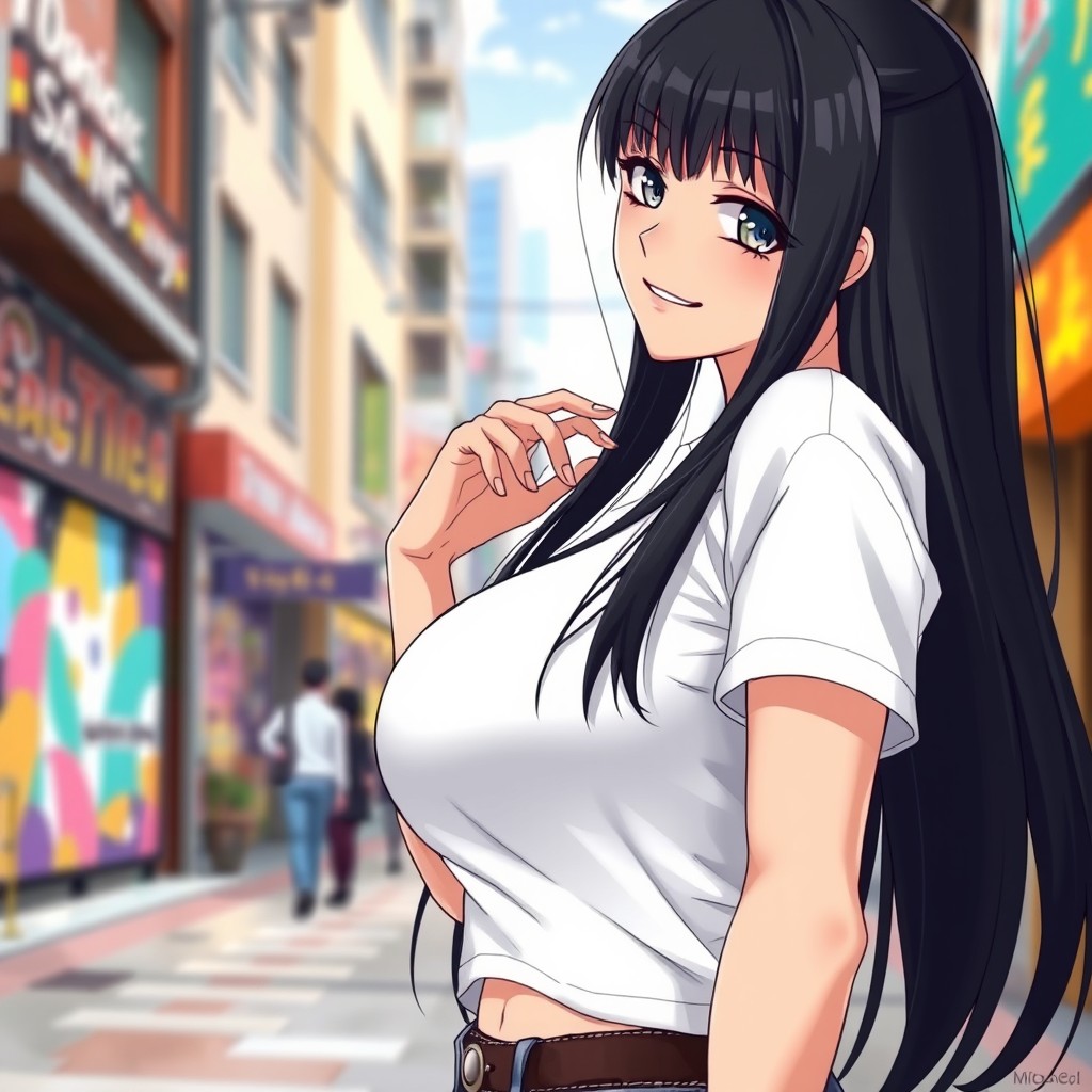 A stunning 26-year-old anime girl with long black hair, wearing a white t-shirt that accentuates her curves