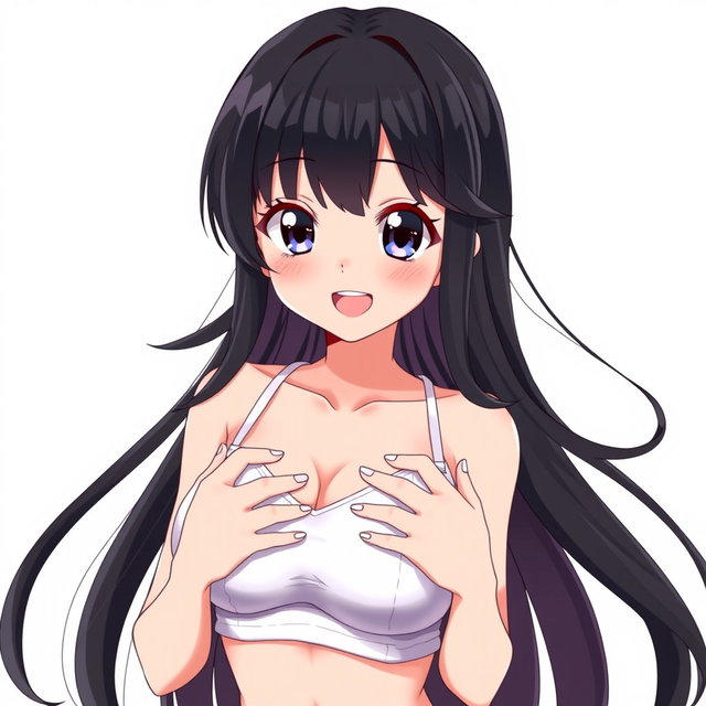A 26-year-old anime girl with long black hair wearing a white bra, holding her breasts with her hands