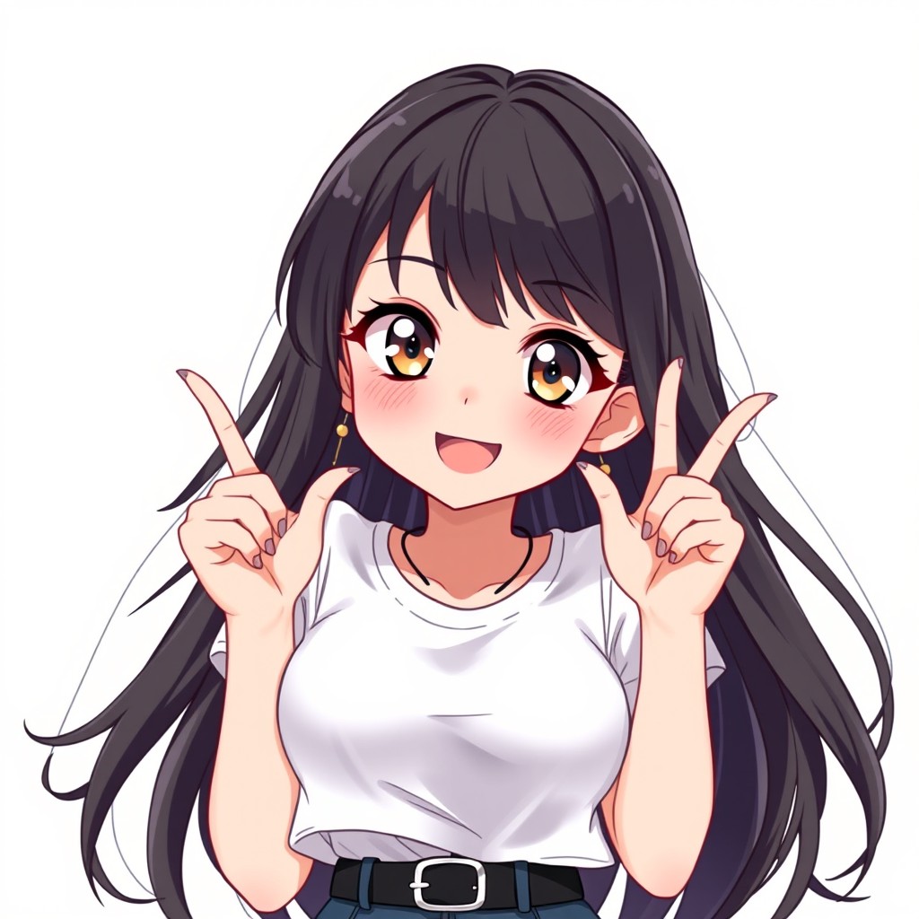 A vibrant illustration of a 26-year-old anime girl with long black hair, wearing a stylish white t-shirt
