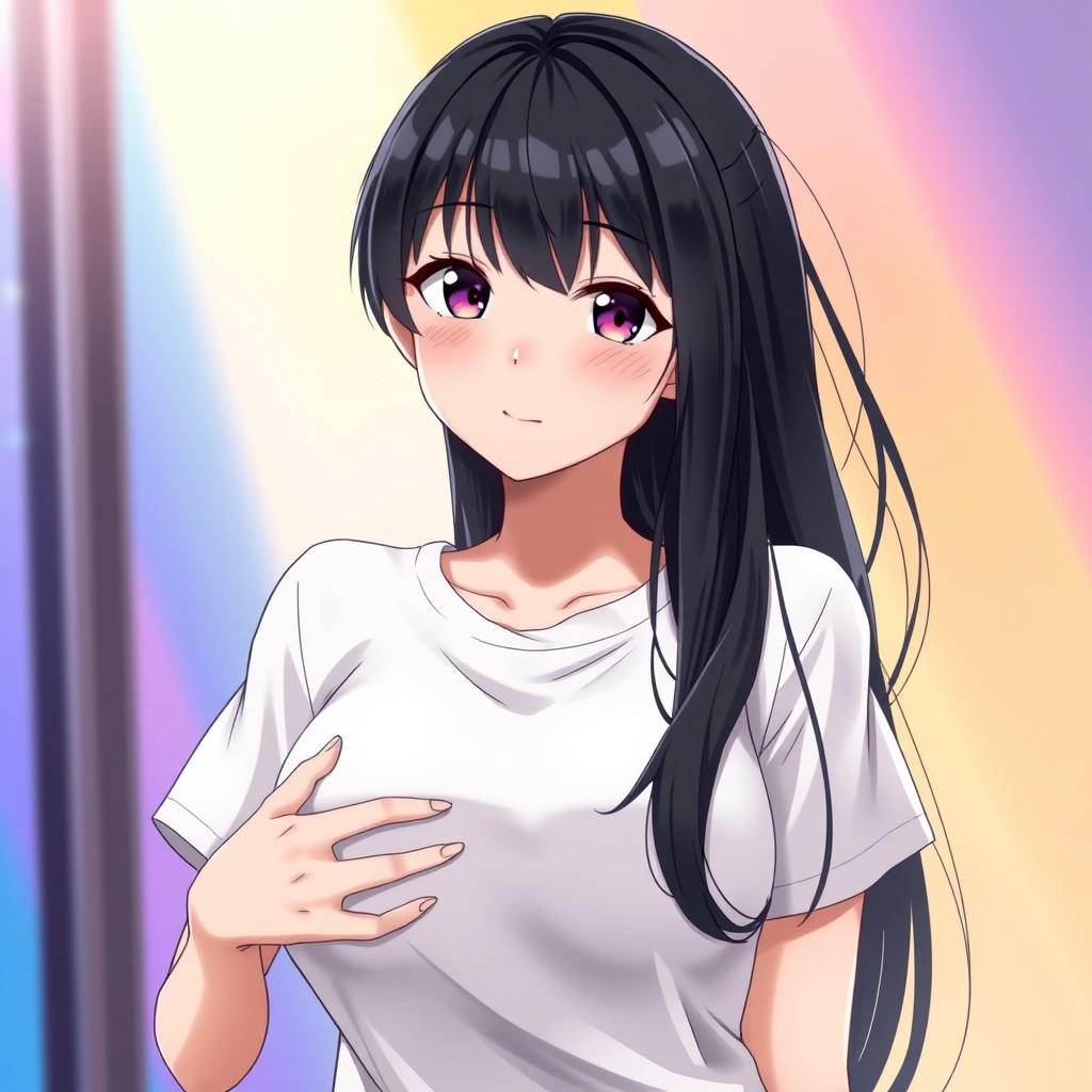 A beautiful anime girl with long black hair, wearing a simple white t-shirt