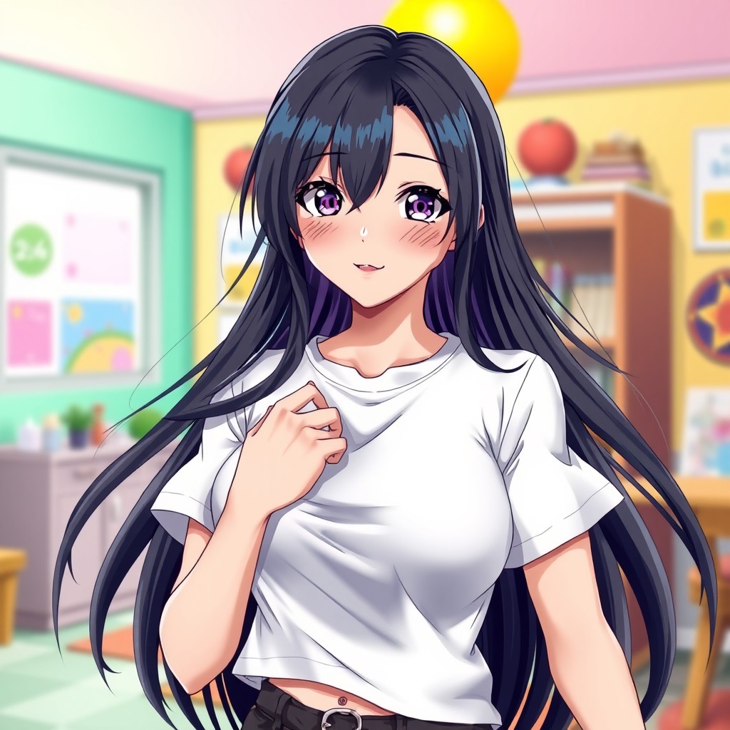 A stunning anime girl with long black hair, wearing a white t-shirt that accentuates her features