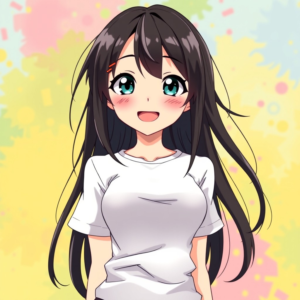 An anime-style illustration of a 26-year-old girl with long black hair wearing a fitted white t-shirt, smiling playfully