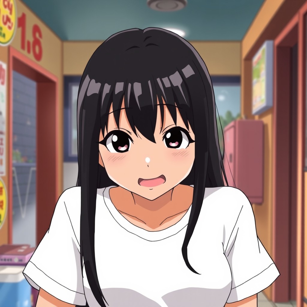 A humorous anime scene featuring a 26-year-old girl with long black hair, wearing a plain white t-shirt