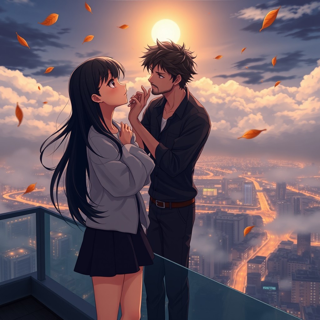 A romantic anime scene set on a high rooftop at night overlooking a city filled with glowing lights, surrounded by a cloudy sky